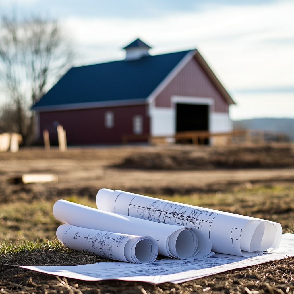 Barndominium construction blueprints with red barn in background
