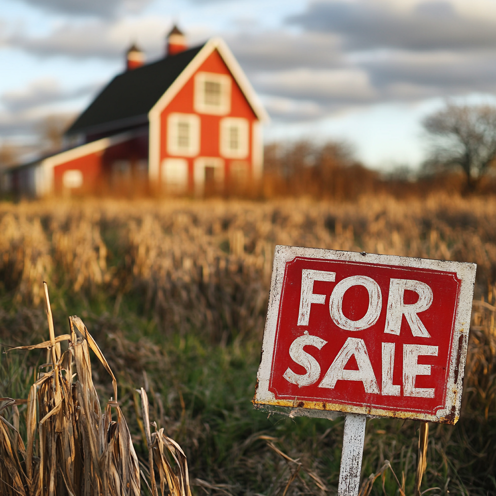 For sale sign in field with red barndominium in background