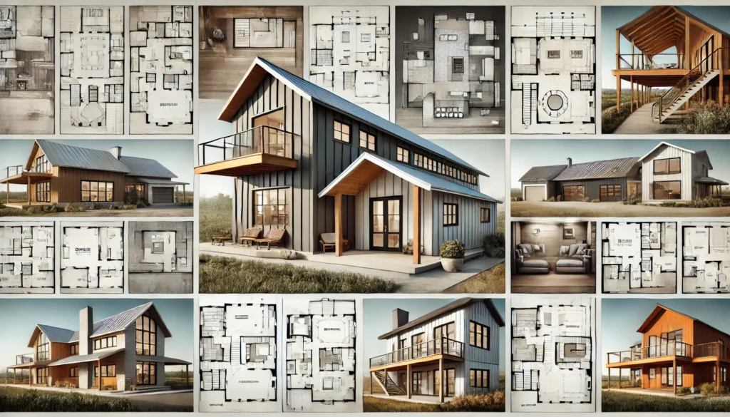 Collage of modern barndominium architectural styles and floor plans