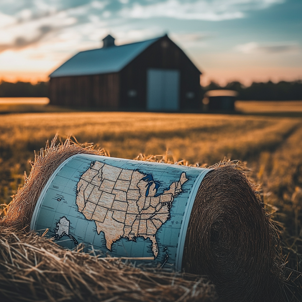 United States map on hay bale with barn in background at sunset