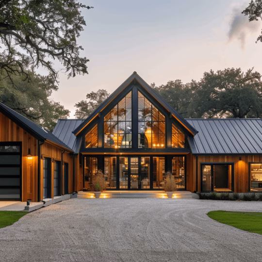 A symmetrical gabled barndominium featuring vertical cedar wood and black corrugated metal siding with a large integrated workshop and living area.