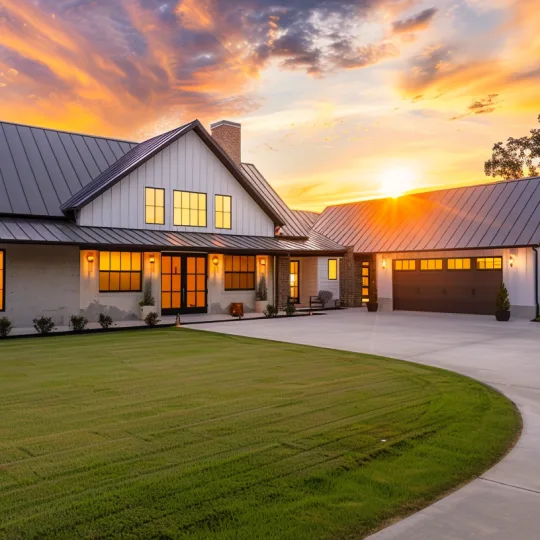 modern barndominium home with metal roof and attached garage on rural acreage at sunset for property appraisal