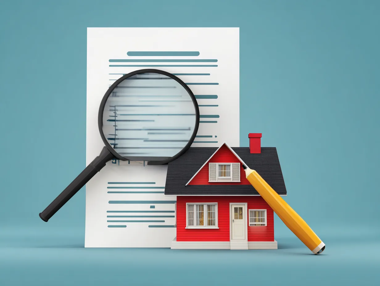 Home appraisal document with magnifying glass and model house representing barndominium appraisal process