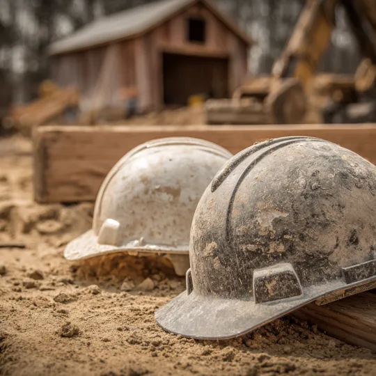 construction hard hats on jobsite representing barndominium construction insurance and risk protection