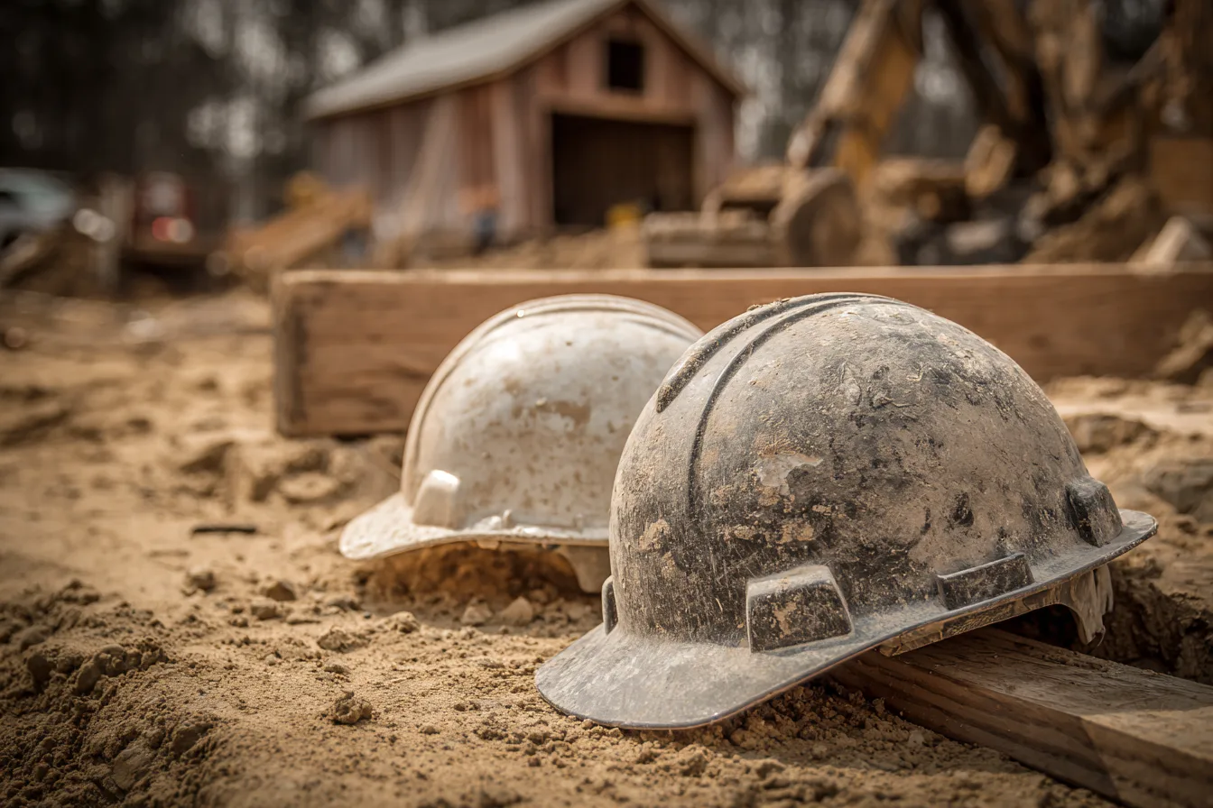 construction hard hats on jobsite representing barndominium construction insurance and risk protection