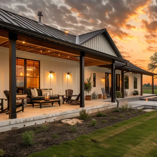 barndominium covered porch with timber beams rocking chairs outdoor seating and sunset lighting