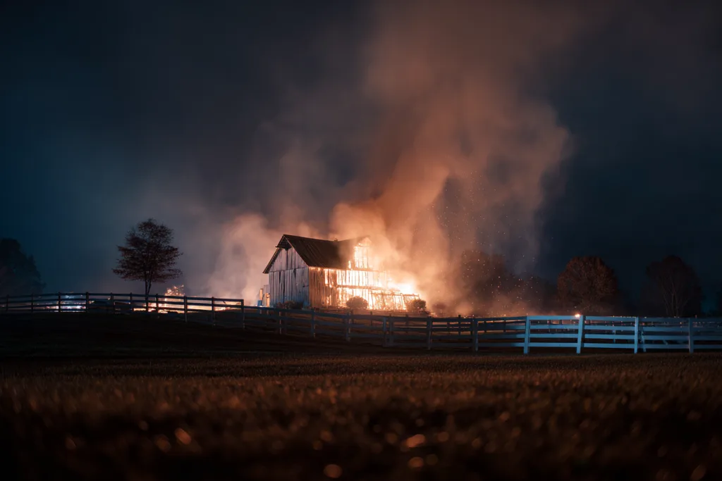 wood barn structure on fire at night showing fire risk compared to metal building durability