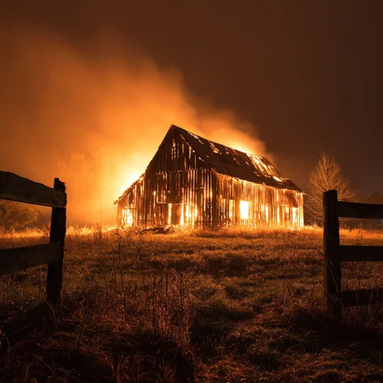 wood barn fully engulfed in flames demonstrating fire vulnerability of wood structures