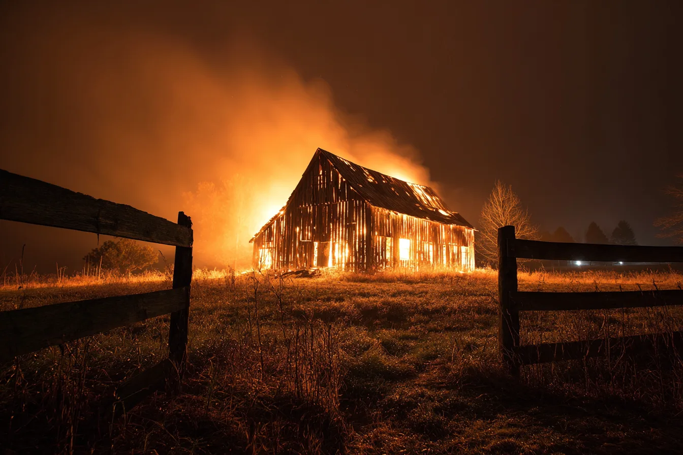 wood barn fully engulfed in flames demonstrating fire vulnerability of wood structures