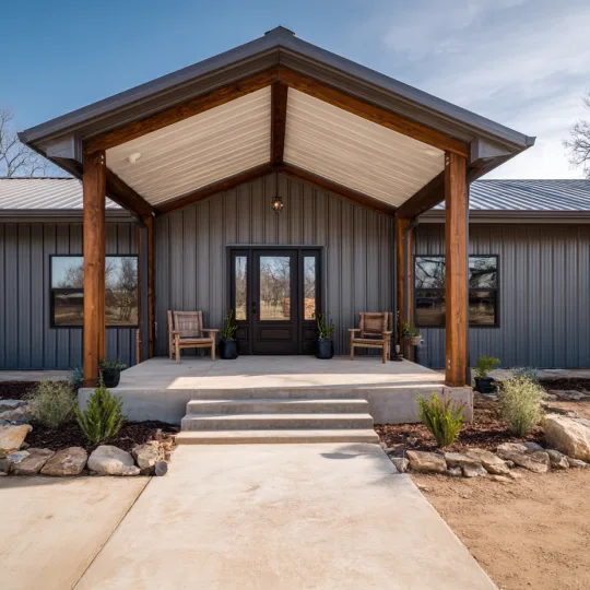Modern metal barndominium with covered front porch designed for future expansion and additional living space