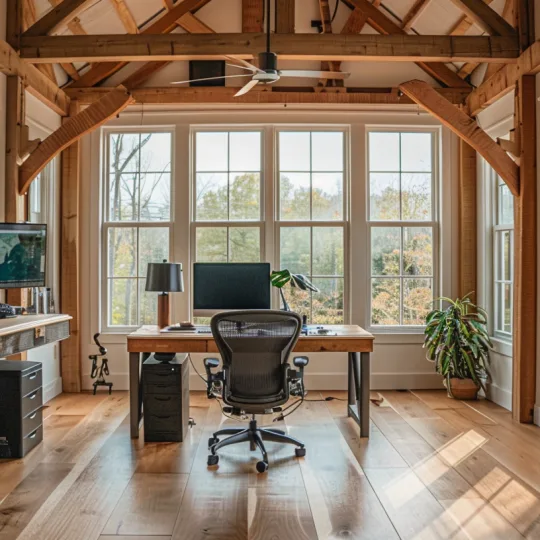 Barndominium Home Office Interior with Wood Beams in Virginia