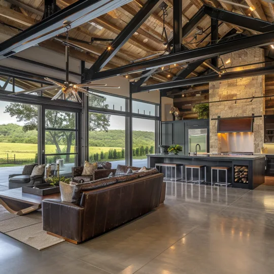 A luxury barndominium interior showcasing a mix of industrial steel trusses, reclaimed wood ceilings, and modern black kitchen cabinetry in an open-concept great room.