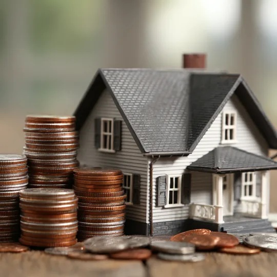 barndominium financing concept with house model and stacked coins representing cost and loans