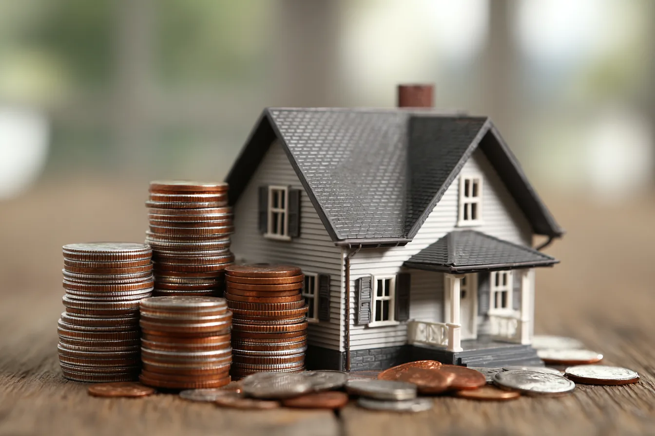 barndominium financing concept with house model and stacked coins representing cost and loans