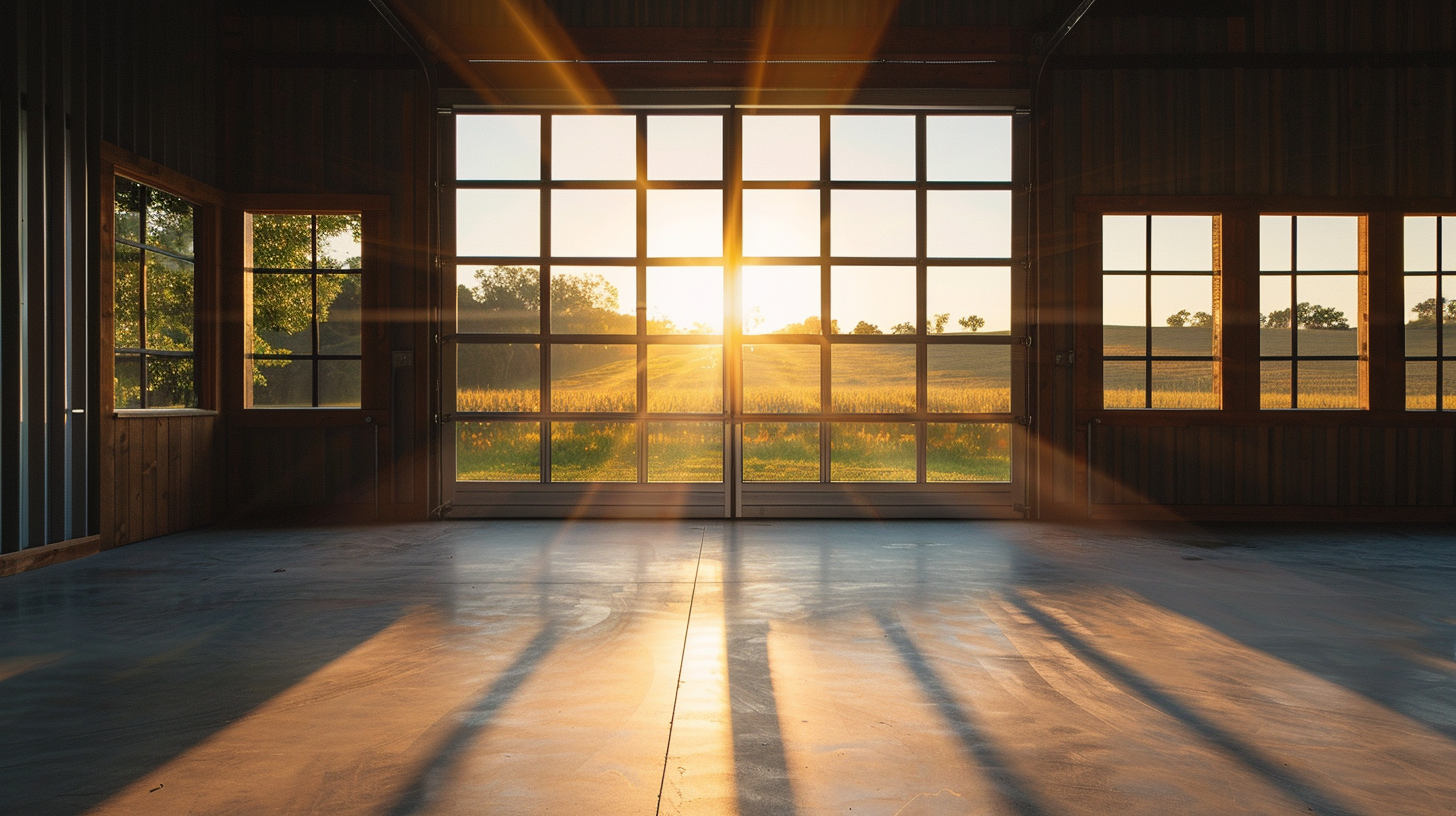 Bright sunlight streaming through a glass garage door into an empty barndominium interior, symbolizing a fresh start with a bad credit mortgage.