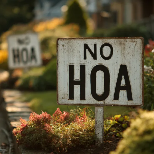 no hoa sign in residential neighborhood representing fewer restrictions for barndominiums