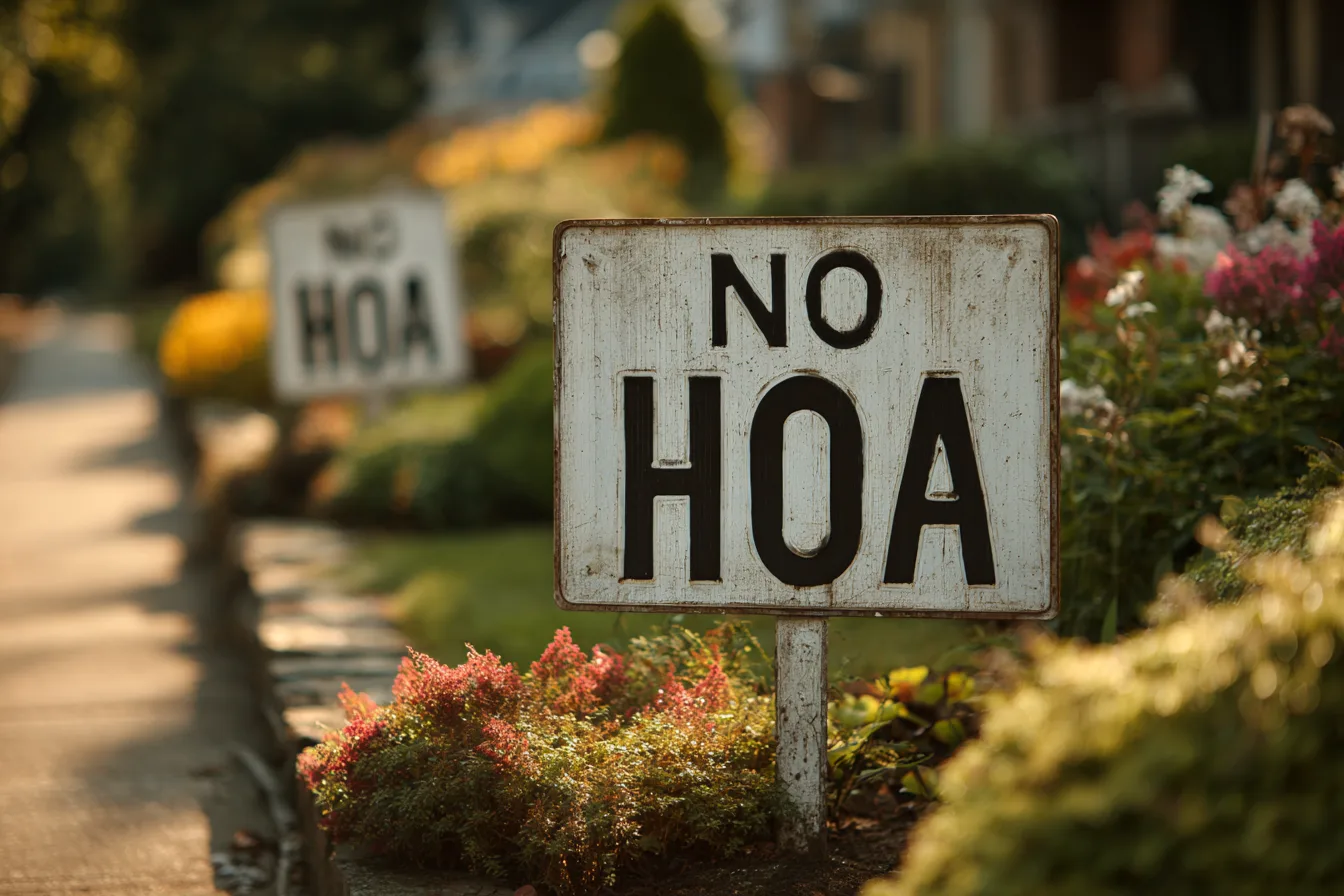 no hoa sign in residential neighborhood representing fewer restrictions for barndominiums