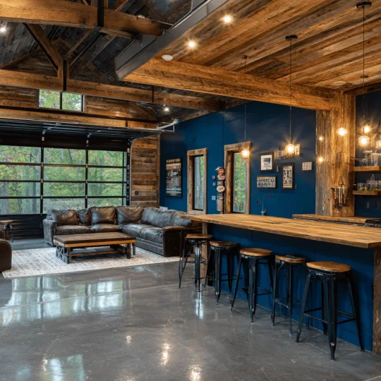 rustic barndominium interior with exposed timber beams open concept living room and bar area with garage door
