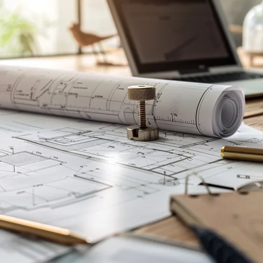 Detailed architectural barndominium floor plans, technical pens, and a laptop on a sunlit wooden desk, symbolizing the 2026 permit application process.