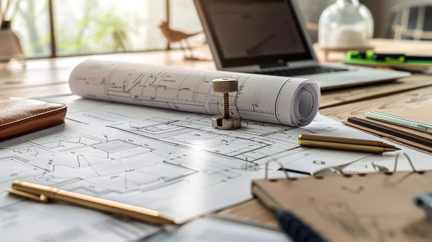 Detailed architectural barndominium floor plans, technical pens, and a laptop on a sunlit wooden desk, symbolizing the 2026 permit application process.