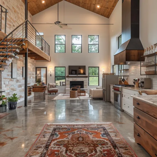 A luxury finished barndominium interior featuring a modern kitchen, stone fireplace, and a code-compliant staircase to a loft, proving its status as a primary residential dwelling.