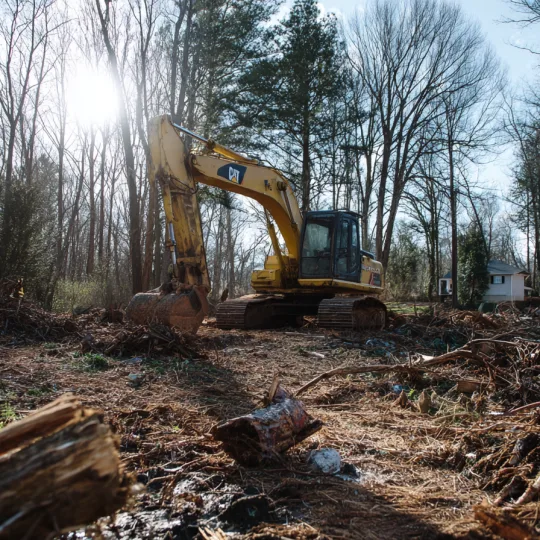excavator clearing land and removing trees for barndominium construction site preparation