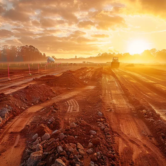 A wide view of a large barndominium construction site during golden hour, showing excavated red dirt, graded tire tracks, and pink survey stakes marking the build area.