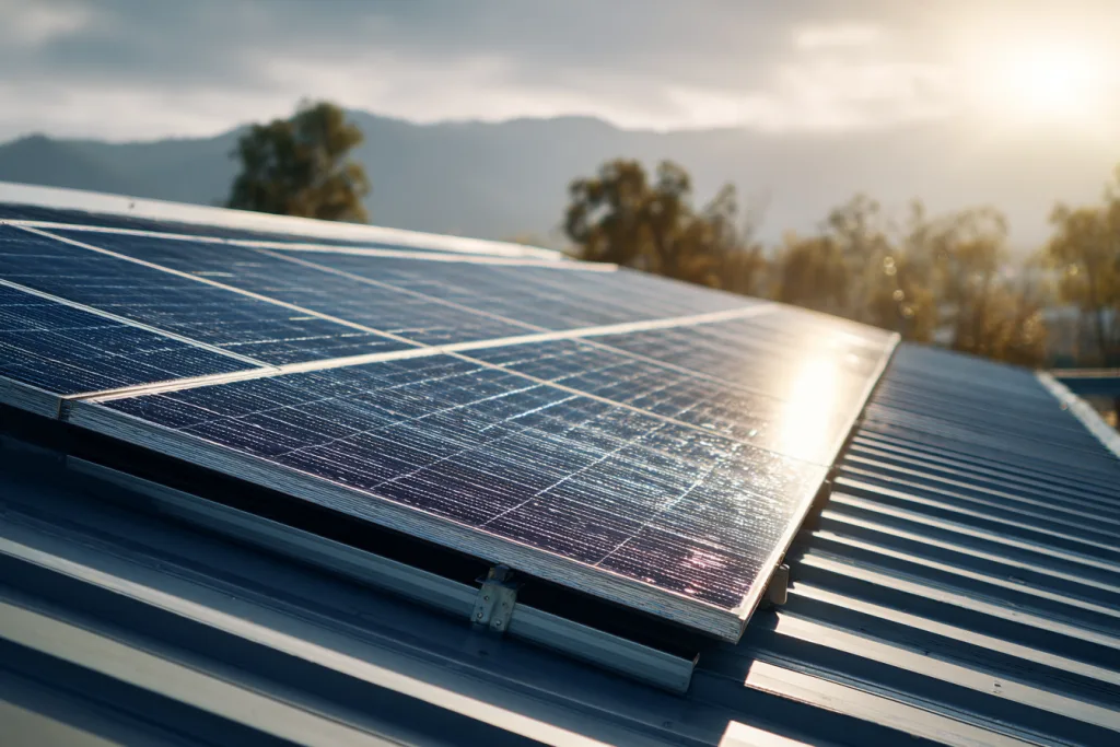 close up of solar panels mounted on metal roof showing installation detail for barndominium solar energy system