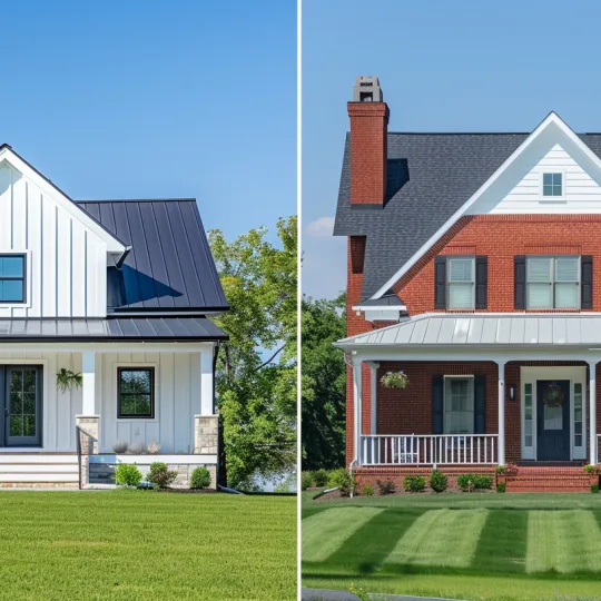 A side-by-side comparison of a modern white barndominium with a metal roof and a traditional red brick colonial house on a green lawn.