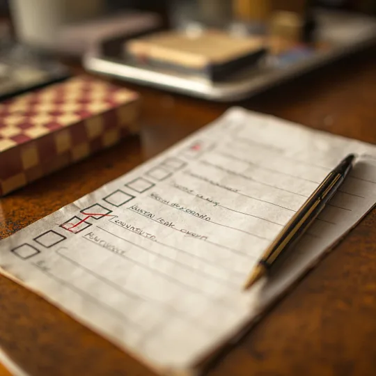 handwritten checklist with pen on desk representing diy barndominium planning and construction checklist