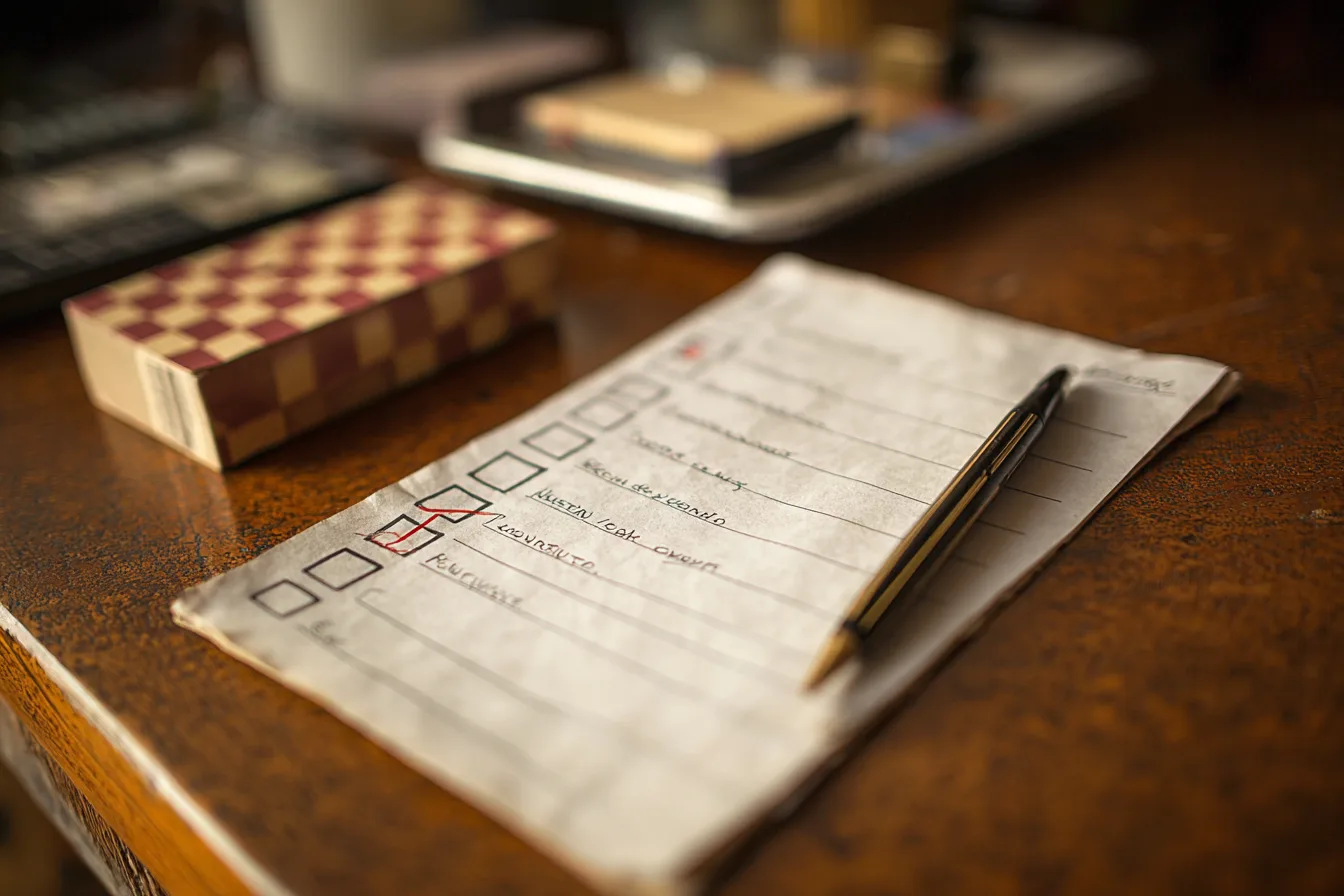 handwritten checklist with pen on desk representing diy barndominium planning and construction checklist
