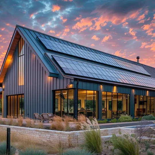 A modern black barndominium with a large solar panel array on the roof and south-facing windows at golden hour, illustrating sustainable living tips.