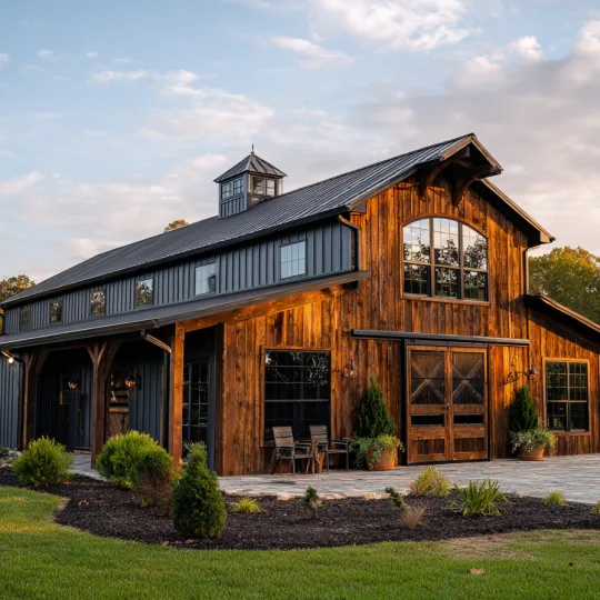rustic wood and metal barndominium home with cupola and barn doors near Fredericksburg Virginia