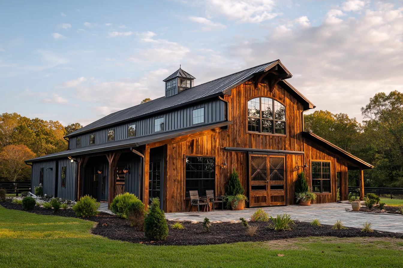 rustic wood and metal barndominium home with cupola and barn doors near Fredericksburg Virginia