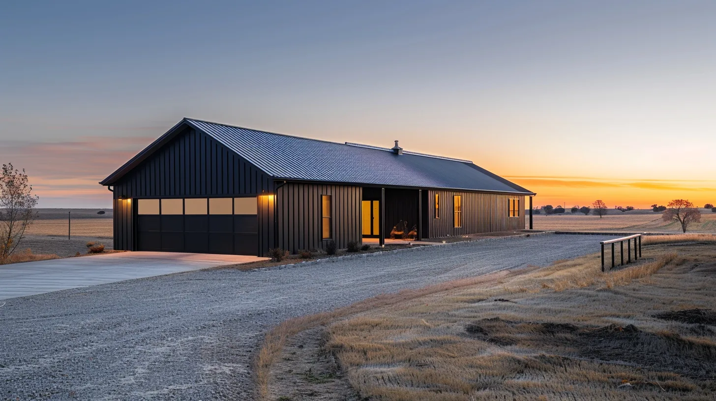 modern dark metal barndominium flip project on rural land with gravel driveway and garage at sunset