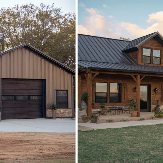 A split-screen comparison showing a basic metal building shell on the left and a fully finished rustic barndominium with a porch and stonework on the right.
