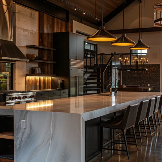 Three oversized matte black and brass pendant lights hanging over a marble waterfall island in a high-ceiling barndominium kitchen