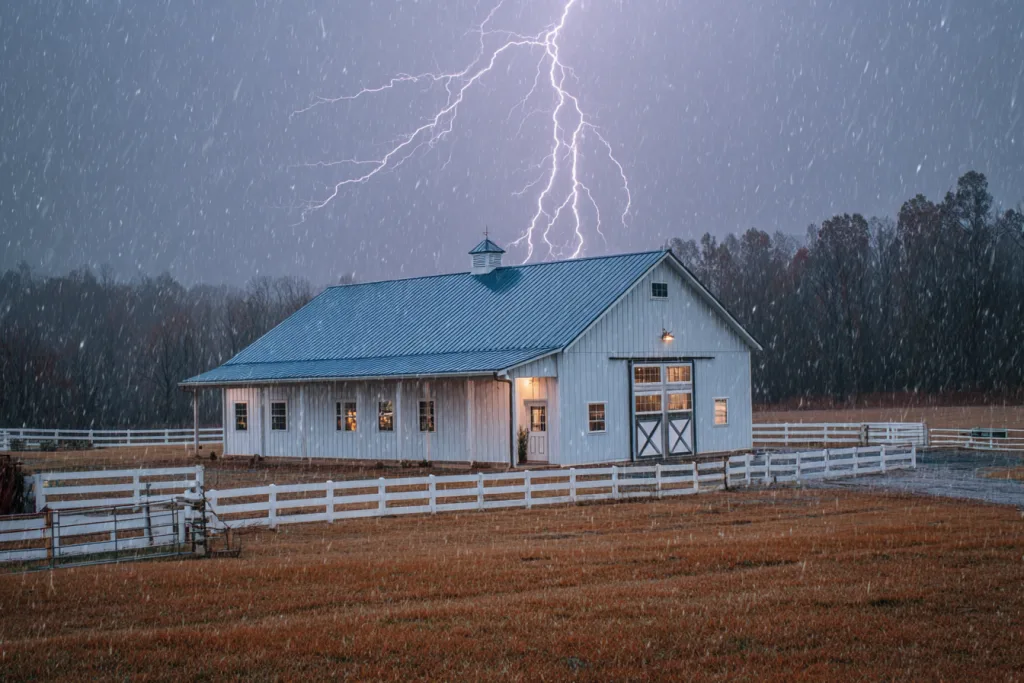 white pole barn in heavy rain with lightning overhead showing weather resistance and storm durability