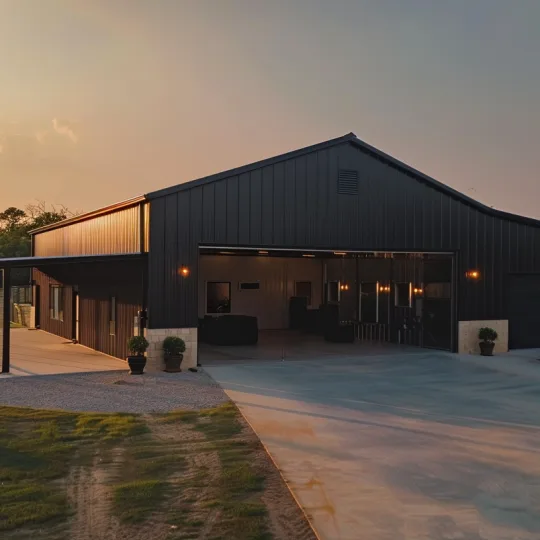 modern metal building barndominium with large garage bays and steel siding at sunset