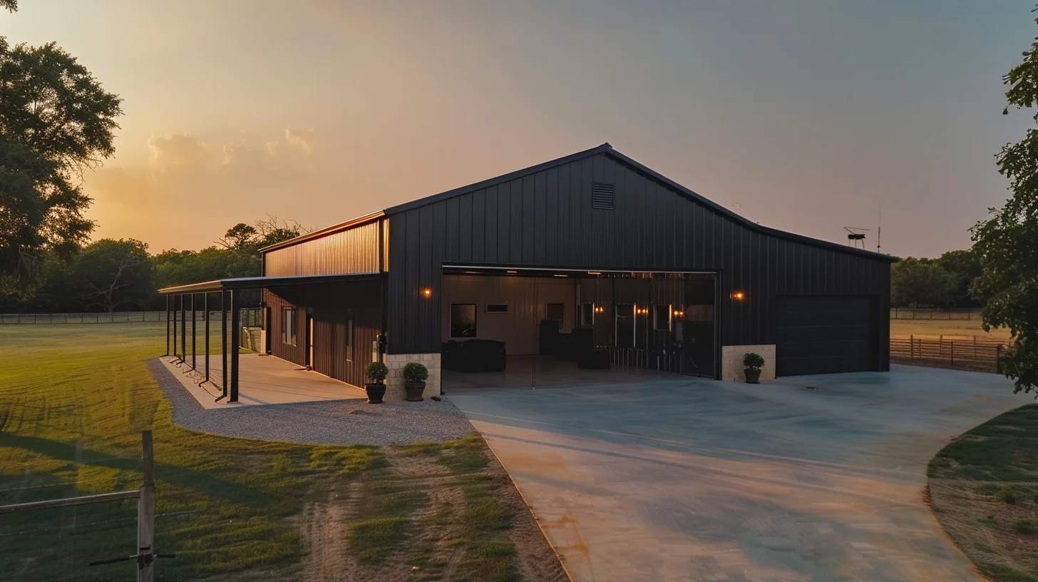 modern metal building barndominium with large garage bays and steel siding at sunset