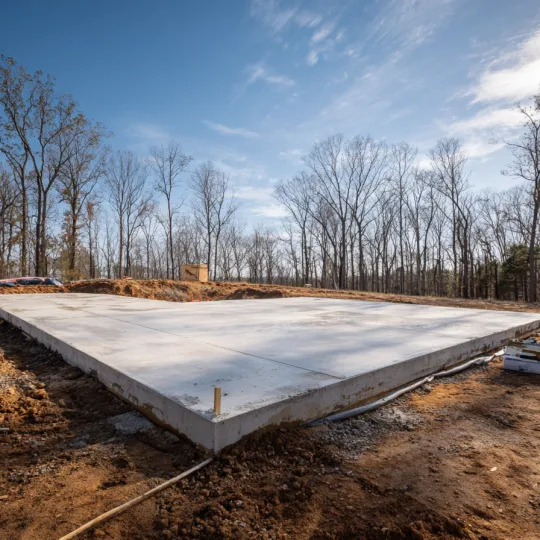 A large, professionally cured monolithic concrete slab foundation for a metal building, set on a cleared lot surrounded by trees.