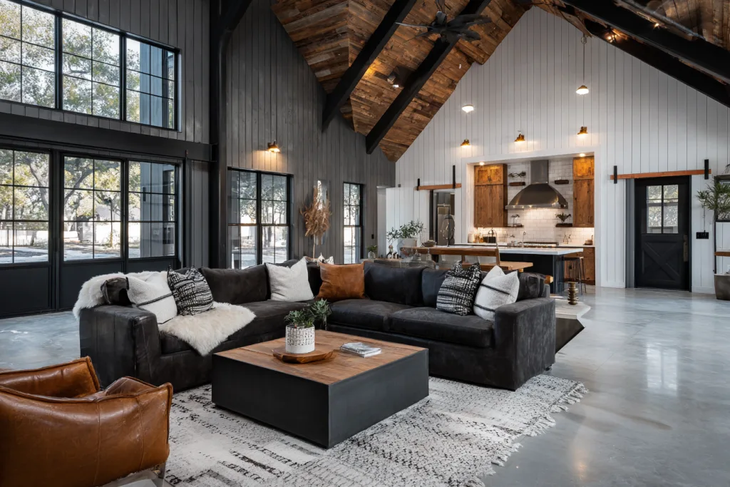 Modern Barndominium Vaulted Living Room Design