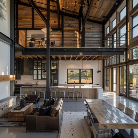 A grand barndominium interior with a stone fireplace and a private loft suite, showing a multi-generational living layout.