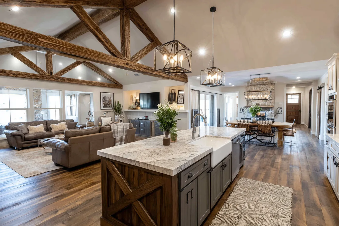 open concept barndominium interior kitchen living room vaulted ceiling modern layout design