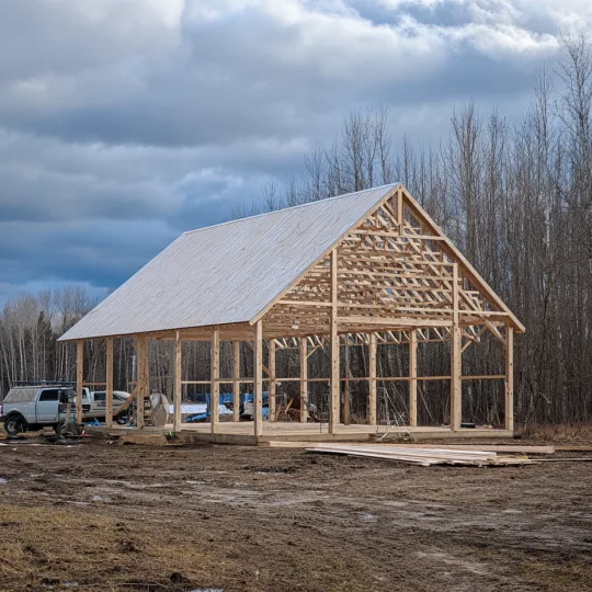 Pole barn under construction showing post frame structure and open framing before walls are installed