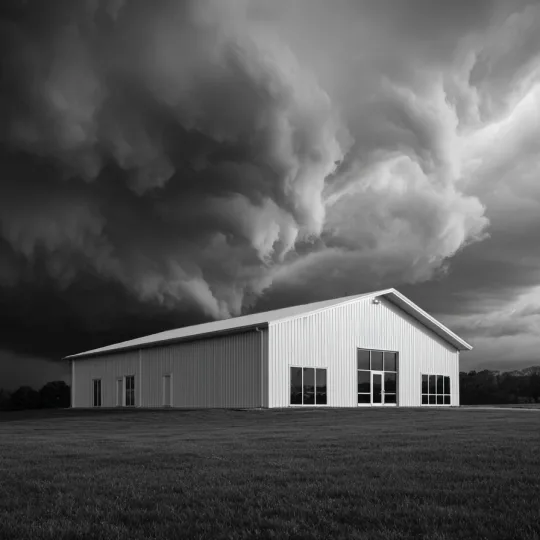 modern metal pole barn under severe storm clouds showing storm resistance and structural durability