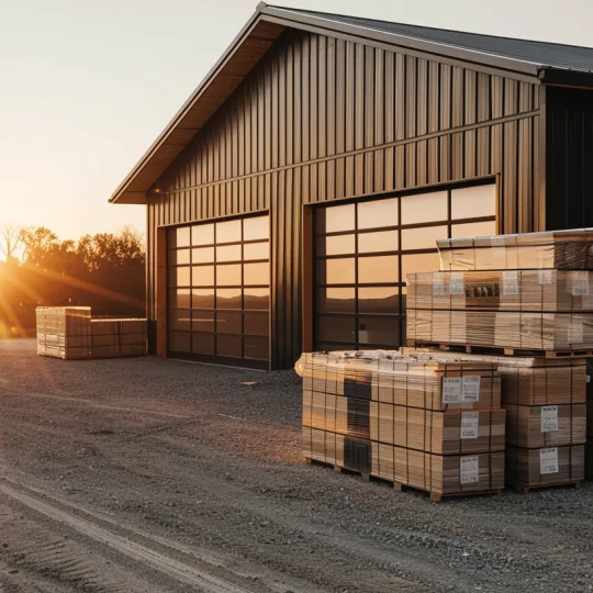 An organized barndominium kit delivery with cedar wall panels and black steel roofing on a gravel lot at sunrise.