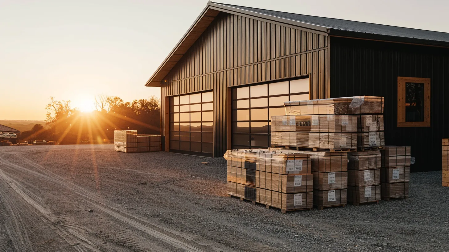 An organized barndominium kit delivery with cedar wall panels and black steel roofing on a gravel lot at sunrise.