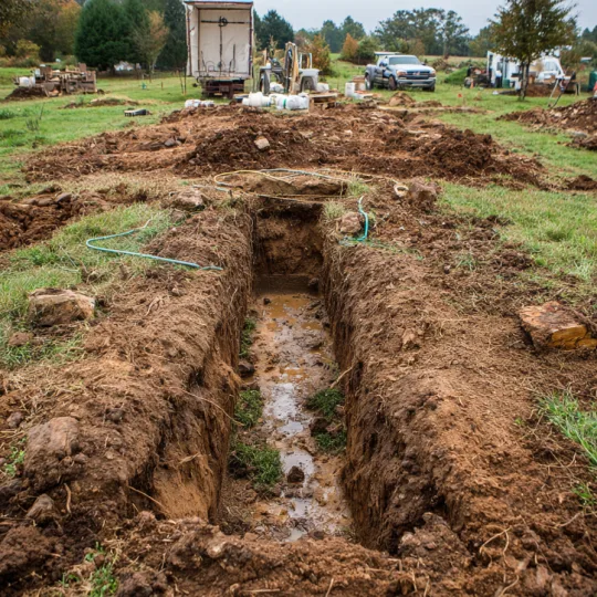 Excavated trench for residential septic system drainfield installation during new home construction