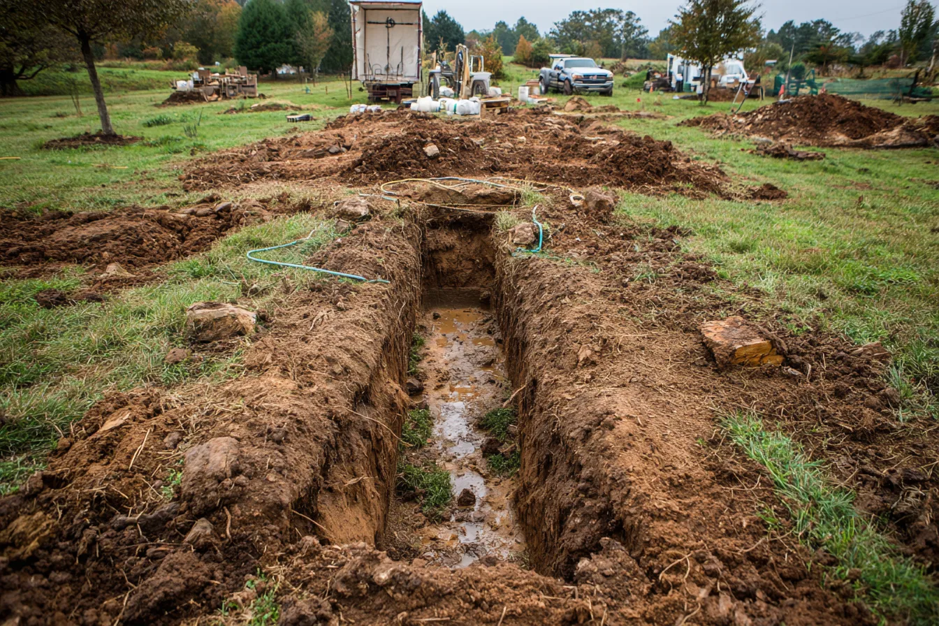 Excavated trench for residential septic system drainfield installation during new home construction